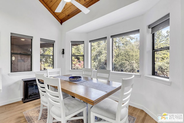 dining room featuring lofted ceiling, ceiling fan, wood ceiling, and light hardwood / wood-style flooring