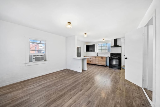 unfurnished living room with sink, cooling unit, and wood-type flooring