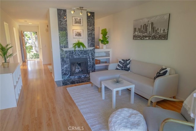 living room featuring a fireplace and hardwood / wood-style flooring