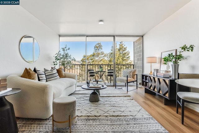 living room with floor to ceiling windows and hardwood / wood-style floors