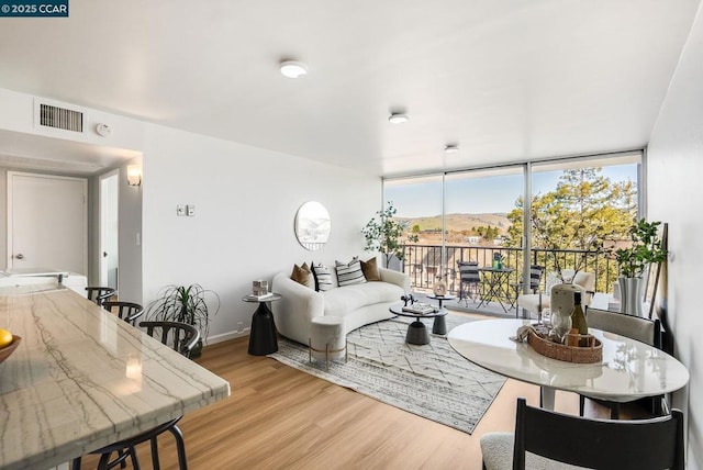 living room with light hardwood / wood-style floors and a wall of windows