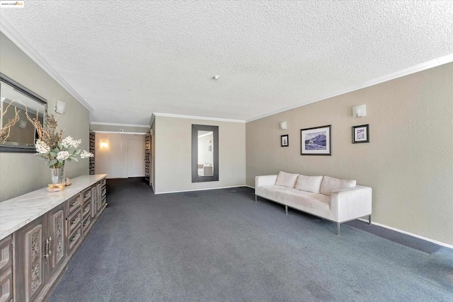 unfurnished living room with dark carpet, crown molding, and a textured ceiling