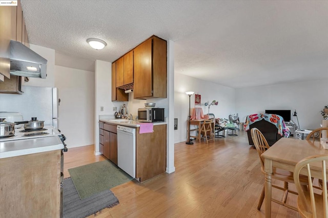 kitchen featuring ventilation hood, light wood-type flooring, dishwasher, a textured ceiling, and sink