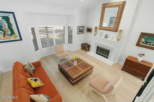 living room with light wood-type flooring and crown molding