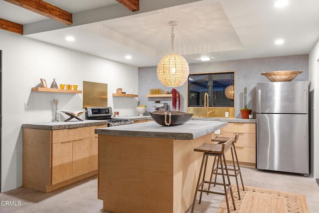 kitchen with a kitchen island, open shelves, light brown cabinetry, appliances with stainless steel finishes, and modern cabinets