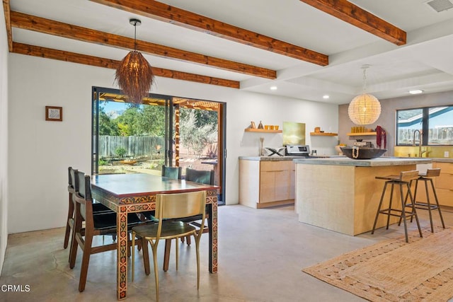 dining space with visible vents, recessed lighting, concrete flooring, and beamed ceiling