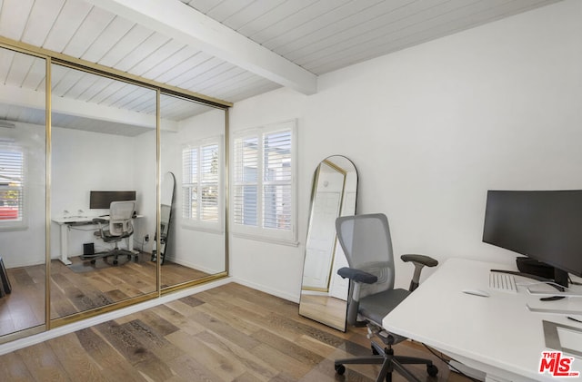 office featuring beam ceiling and wood-type flooring