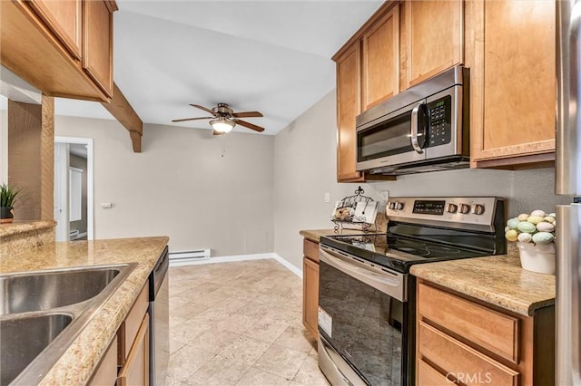 kitchen featuring ceiling fan, appliances with stainless steel finishes, a baseboard radiator, and sink