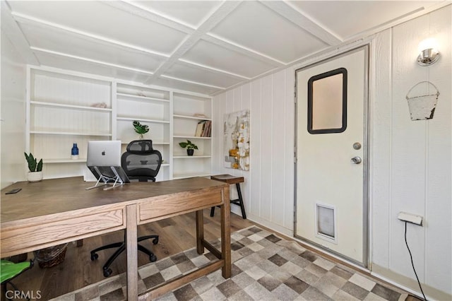 office area featuring built in shelves and coffered ceiling