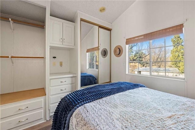 bedroom with vaulted ceiling, a closet, and hardwood / wood-style flooring