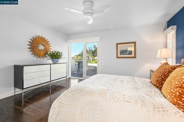 bedroom featuring dark wood-type flooring, access to exterior, and ceiling fan