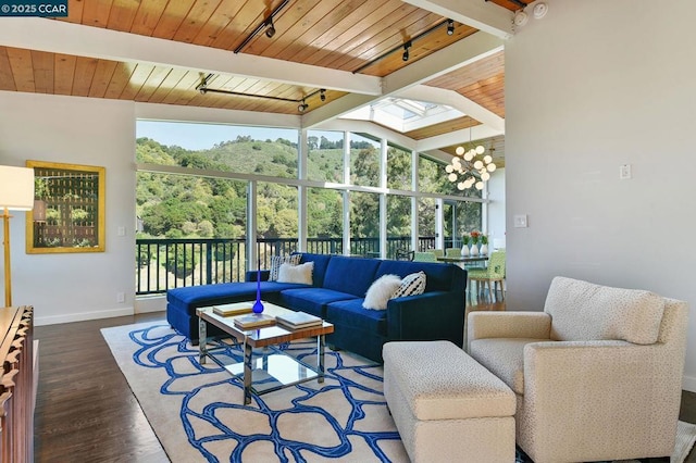 sunroom / solarium with rail lighting, vaulted ceiling with beams, and wooden ceiling