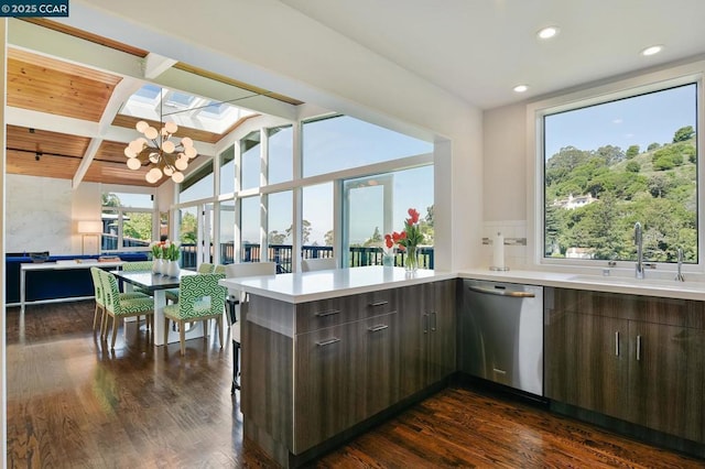 kitchen with dishwasher, sink, backsplash, dark brown cabinetry, and kitchen peninsula