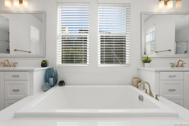 bathroom with a healthy amount of sunlight, a bathtub, and vanity