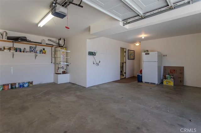 garage featuring secured water heater, white refrigerator, and a garage door opener