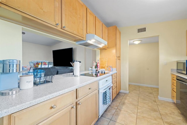 kitchen with white oven, black electric stovetop, dishwashing machine, and light brown cabinets