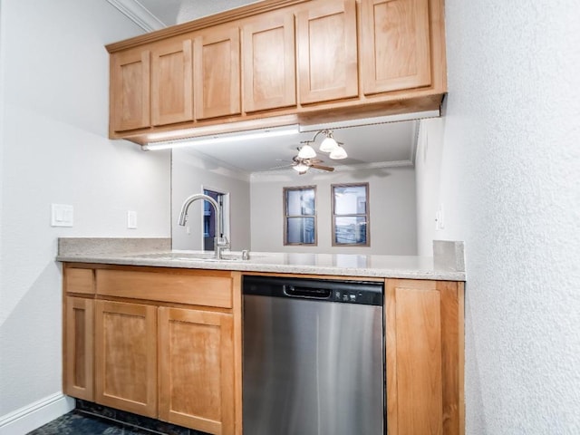 kitchen featuring ceiling fan, ornamental molding, dishwasher, and sink