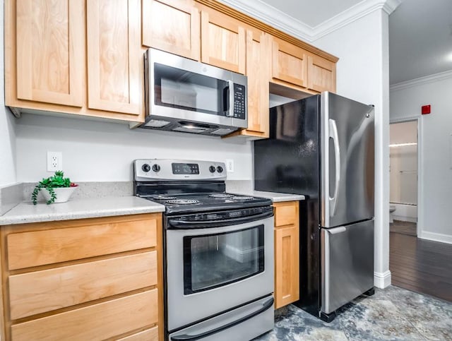 kitchen with ornamental molding, stainless steel appliances, and light brown cabinetry