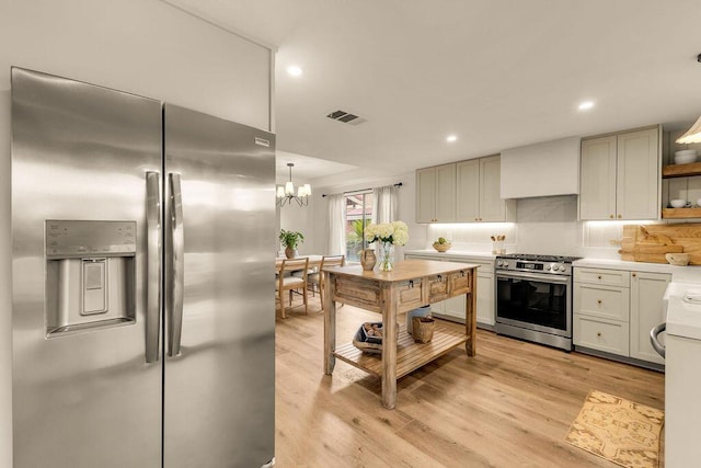 kitchen featuring an inviting chandelier, light hardwood / wood-style floors, appliances with stainless steel finishes, decorative light fixtures, and wall chimney exhaust hood