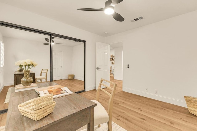 interior space featuring ceiling fan and light wood-type flooring