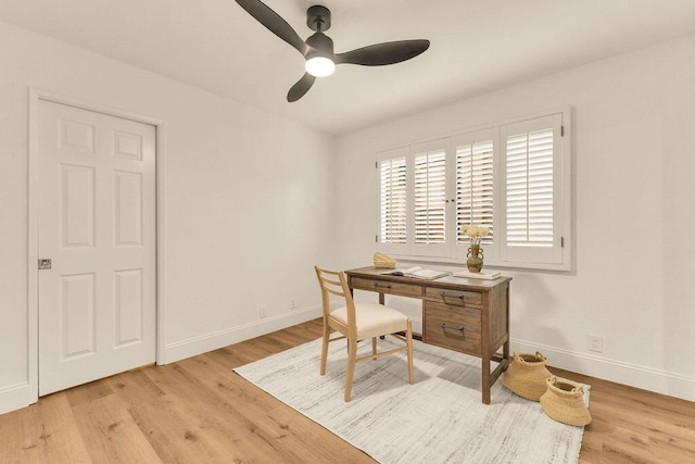 office space featuring ceiling fan and light hardwood / wood-style floors