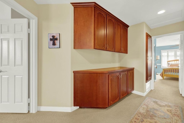 hallway featuring light carpet