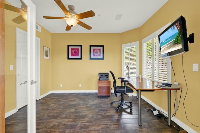 home office featuring dark hardwood / wood-style floors and ceiling fan