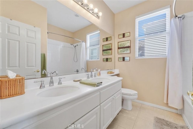 full bathroom with toilet, vanity, tile patterned floors, and shower / bathtub combination with curtain