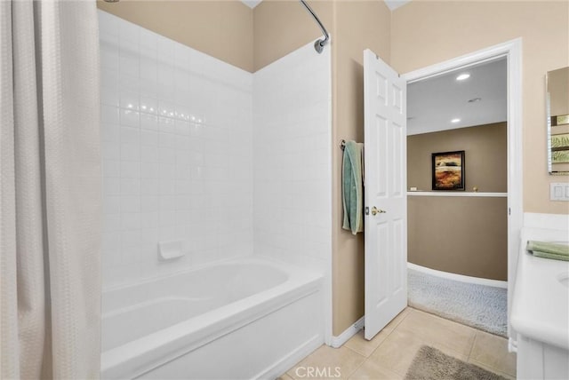 bathroom featuring vanity, shower / bath combo, and tile patterned flooring