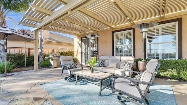 view of patio / terrace featuring a pergola, a grill, and an outdoor living space