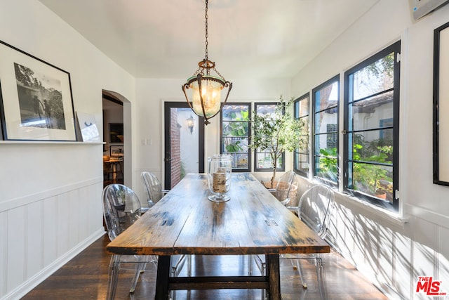 dining room with a healthy amount of sunlight, dark hardwood / wood-style flooring, and an inviting chandelier