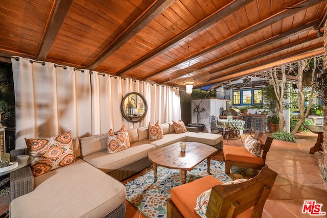 tiled living room featuring wooden ceiling and lofted ceiling with beams