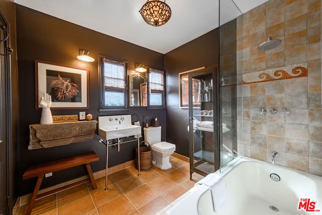 full bathroom with toilet, independent shower and bath, tile patterned floors, and sink