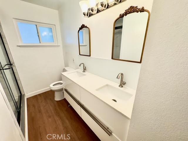 bathroom with vanity, hardwood / wood-style floors, and toilet