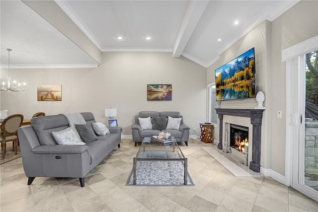 living area featuring baseboards, an inviting chandelier, lofted ceiling with beams, a high end fireplace, and ornamental molding