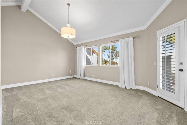 unfurnished room featuring carpet flooring, baseboards, and vaulted ceiling with beams