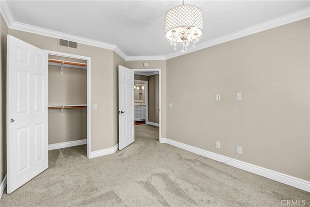 unfurnished bedroom with carpet flooring, visible vents, baseboards, and ornamental molding