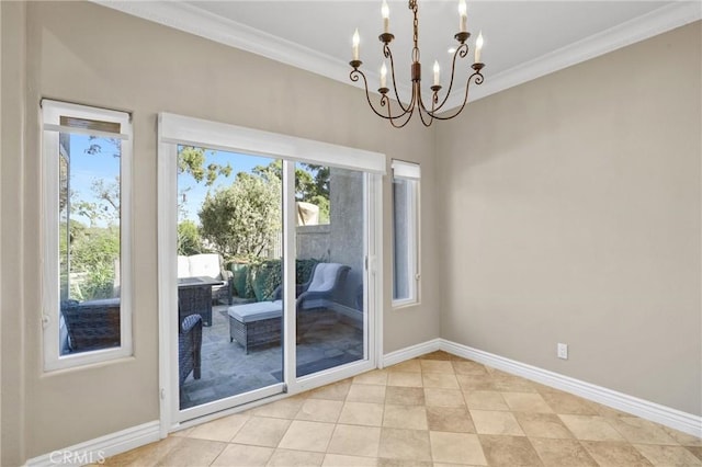 doorway to outside with crown molding, baseboards, and a chandelier