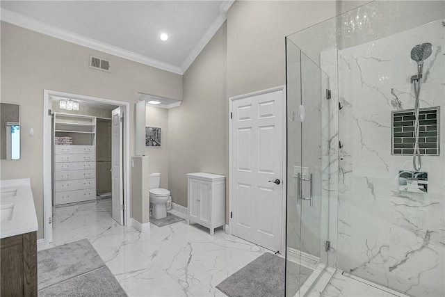 bathroom with visible vents, marble finish floor, a marble finish shower, crown molding, and vanity