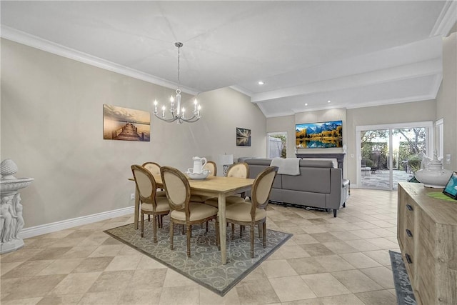 dining space with baseboards, lofted ceiling with beams, recessed lighting, ornamental molding, and a notable chandelier