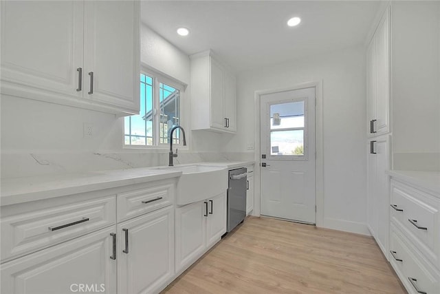 kitchen featuring stainless steel dishwasher, white cabinets, and light stone counters