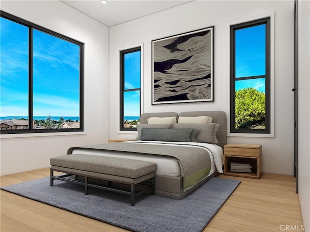 bedroom featuring light hardwood / wood-style floors and multiple windows