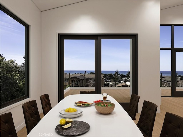 dining space with a water view and hardwood / wood-style flooring