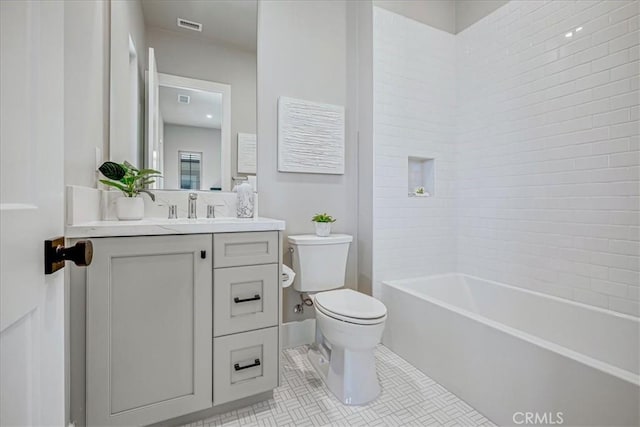 bathroom featuring tile patterned flooring, toilet, shower / bath combination, visible vents, and vanity