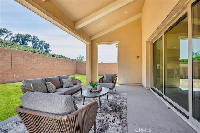 view of patio / terrace featuring a fenced backyard and an outdoor living space