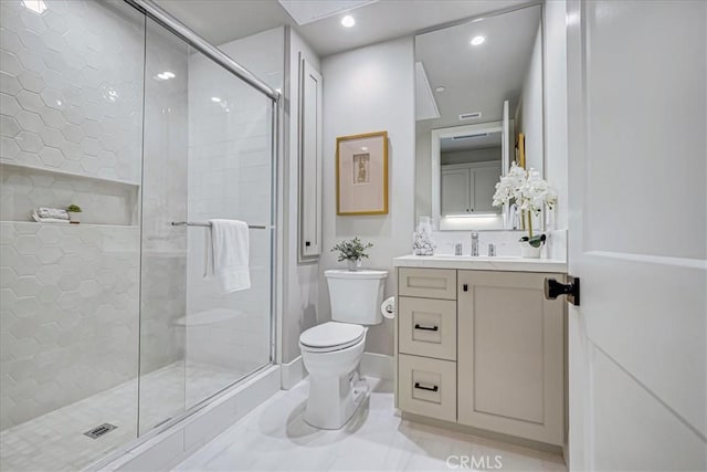 full bath with toilet, a stall shower, vanity, and recessed lighting