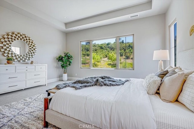 carpeted bedroom with a tray ceiling, visible vents, and baseboards