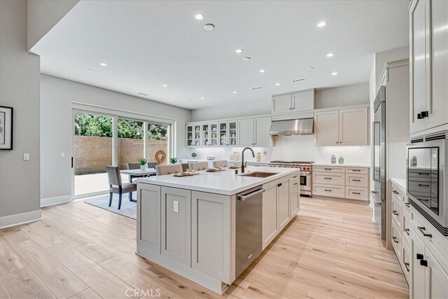 kitchen with white cabinets, appliances with stainless steel finishes, wall chimney exhaust hood, sink, and a kitchen island with sink