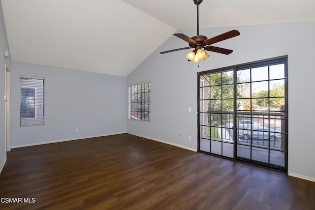 unfurnished room featuring ceiling fan, dark wood-type flooring, and vaulted ceiling