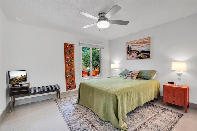 bedroom with a textured ceiling and ceiling fan